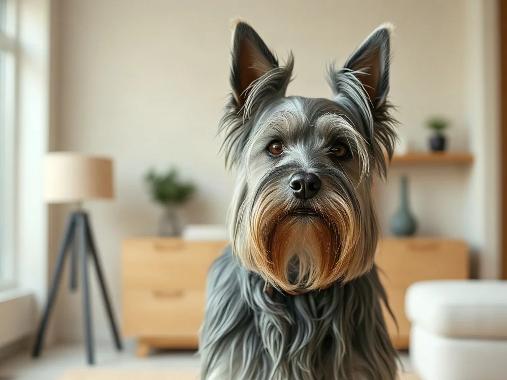 Elegancki Skye Terrier z długą, szarą sierścią i charakterystycznymi, owłosionymi uszami w profesjonalnym ujęciu studyjnym.