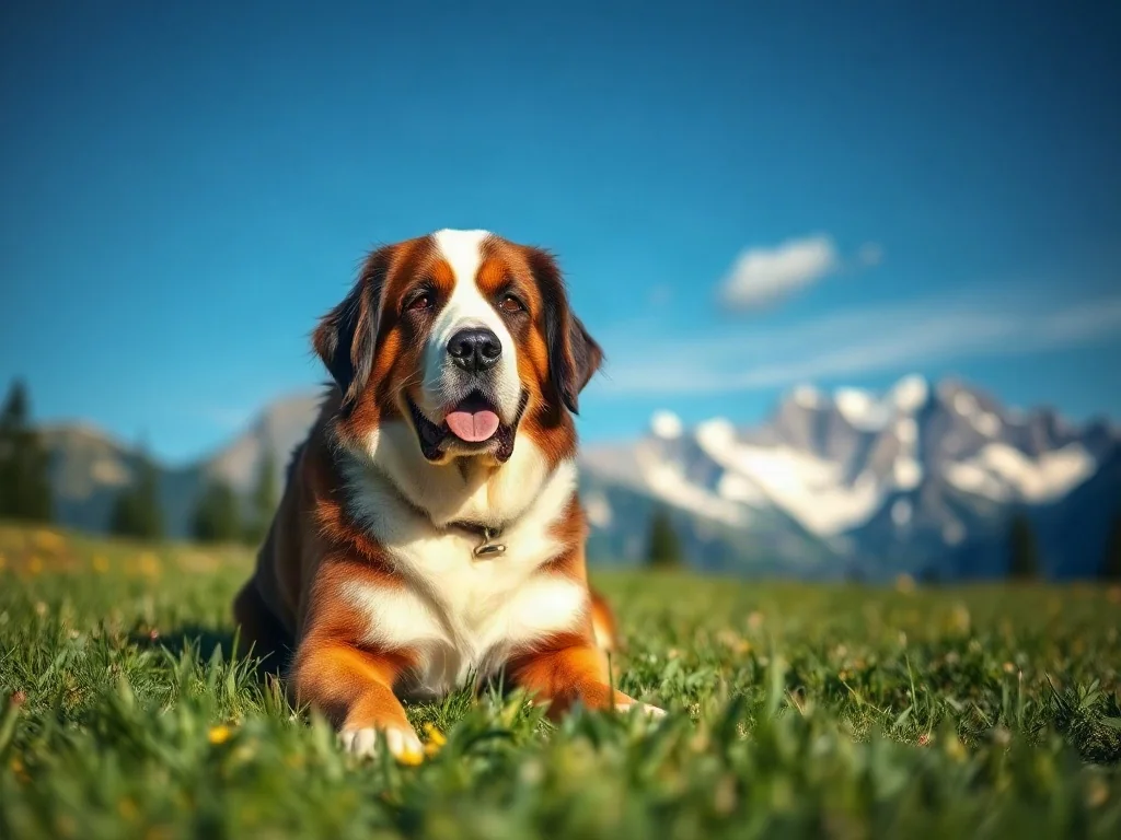 Duży, puszysty bernardyn siedzący spokojnie na zielonej łące na tle alpejskich gór.