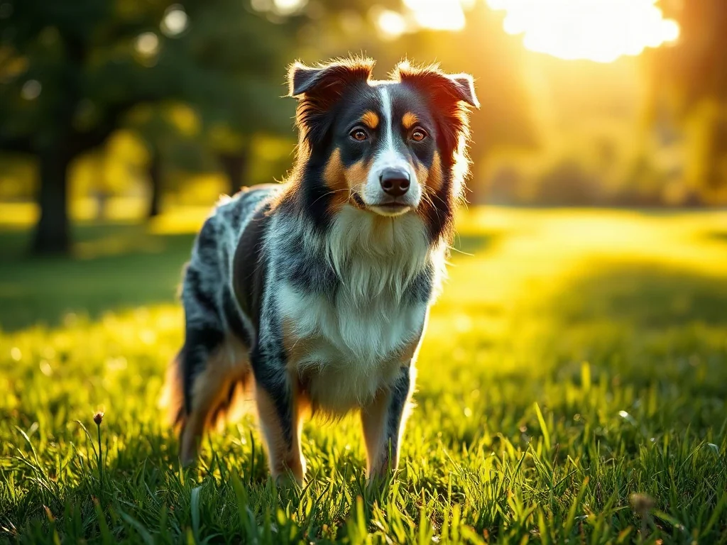 Border collie o umaszczeniu merle stojący na zielonej łące w świetle zachodzącego słońca.