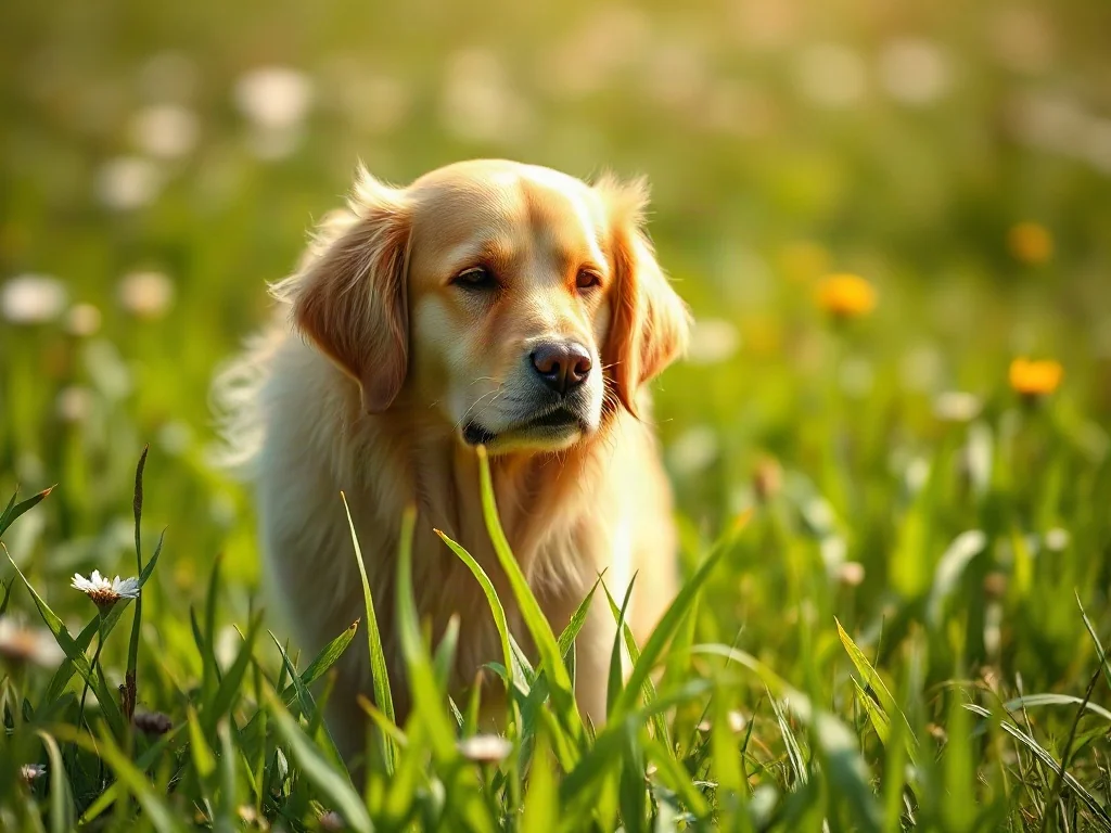 Golden retriever w słoneczny dzień skubiący świeżą trawę na zielonej łące.