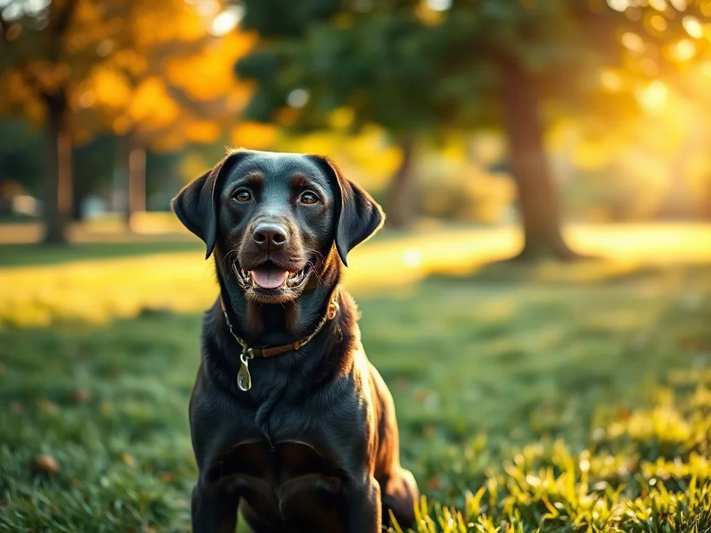 Brązowy labrador siedzący na zielonej łące w jesiennym parku w ciepłym świetle zachodzącego słońca.