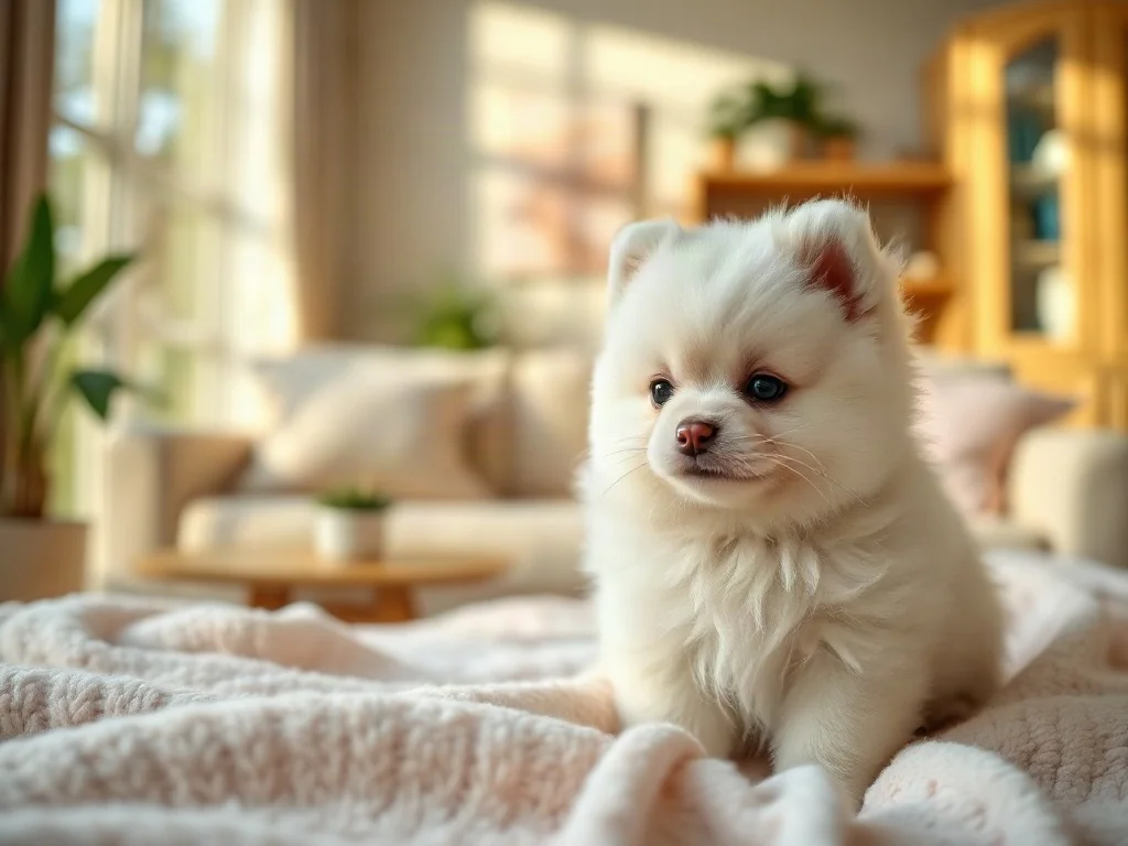 Puszysty szczeniak pomeraniana siedzący na miękkim, pastelowym kocu w przytulnym, słonecznym wnętrzu.