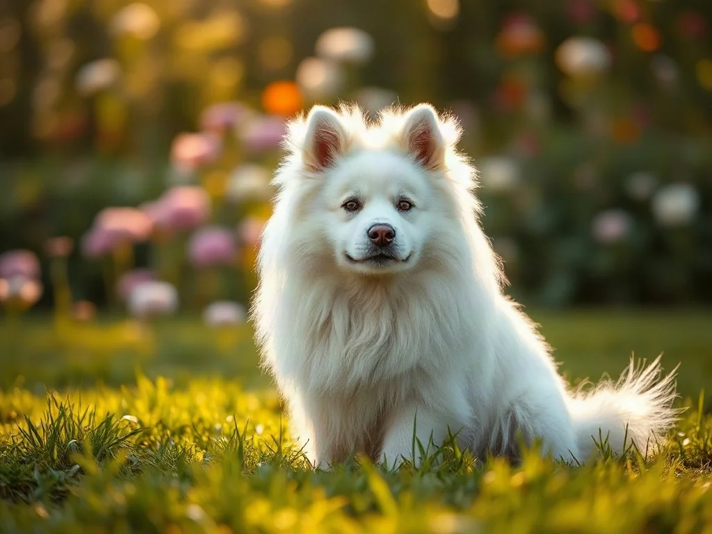 Puszysty biały samoyed siedzący na zielonej łące w słoneczny dzień.