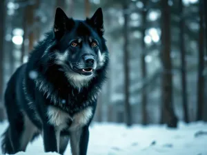 Dostojny pies rasy leonberger z charakterystyczną ciemną maską, siedzący spokojnie na słonecznej łące.