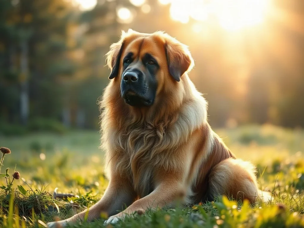 Dostojny pies rasy leonberger z charakterystyczną ciemną maską, siedzący spokojnie na słonecznej łące.
