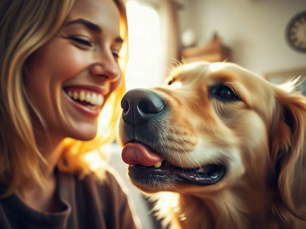 Szczęśliwa kobieta śmiejąca się, gdy golden retriever liże ją po policzku w przytulnym, nasłonecznionym salonie.