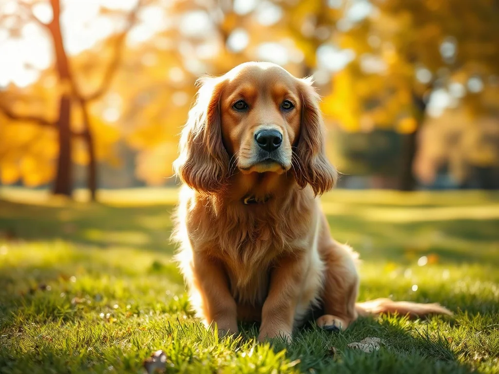 Złoty cocker spaniel siedzący na zielonej trawie w jesiennym parku. Portret psa ukazujący jego wygląd i usposobienie.