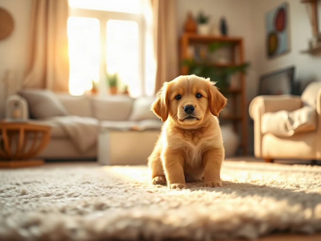Puszysty szczeniak golden retriever siedzący na miękkim dywanie w przytulnym, słonecznym salonie.