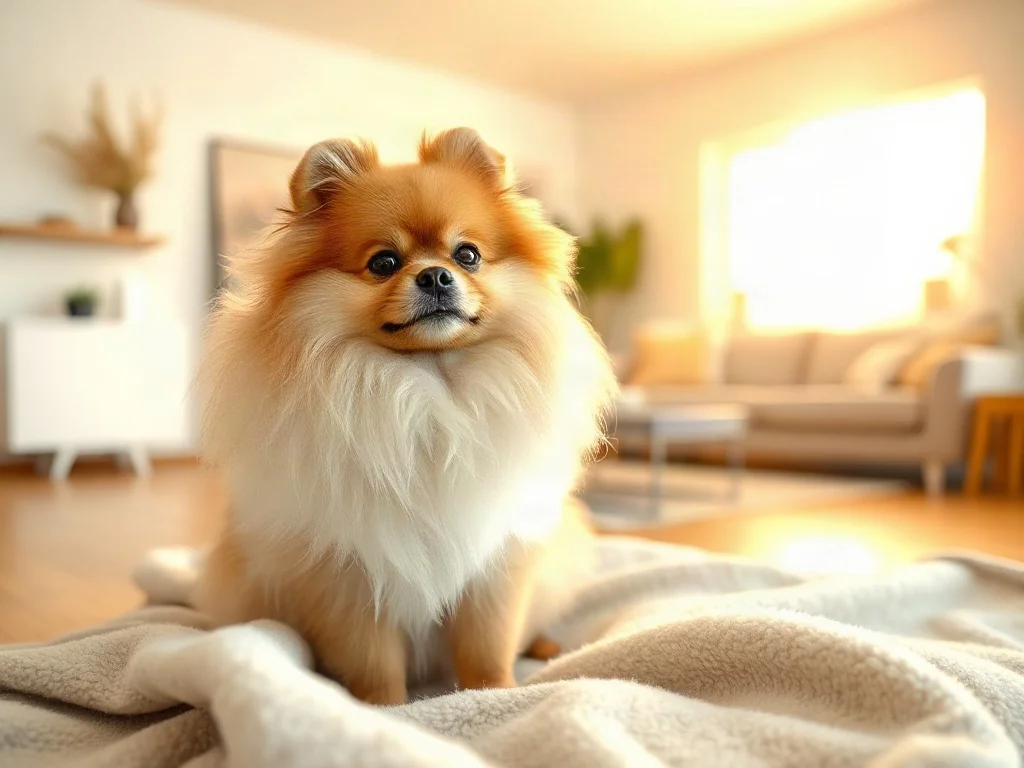 Puszysty szpic miniaturowy (pomeranian) siedzący na jasnym kocu w przytulnym, słonecznym salonie.