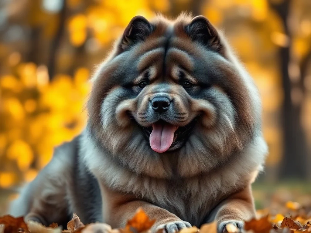 Dostojny pies rasy chow chow o niebiesko-szarym umaszczeniu siedzący w jesiennym parku. Widoczna gęsta sierść i ciemny język.