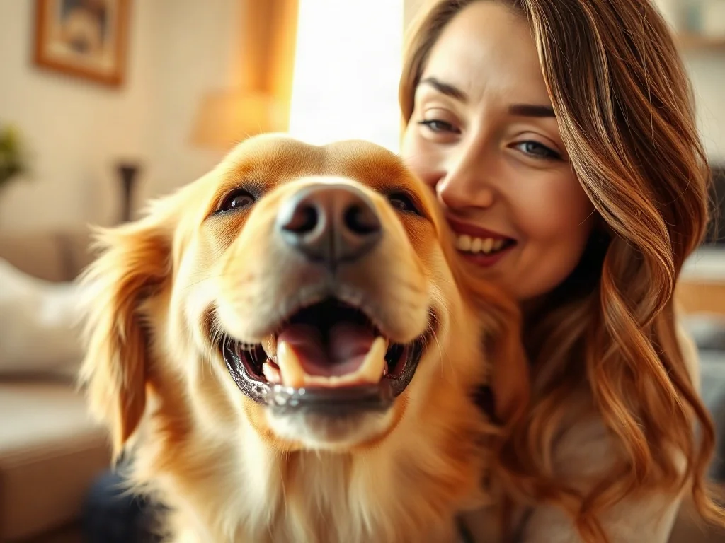 Właścicielka prezentuje zdrowe, białe zęby swojego golden retrievera, dbając o higienę jamy ustnej pupila.
