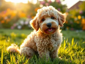 Puszysty szczeniak golden retriever siedzący na miękkim dywanie w przytulnym, słonecznym salonie.