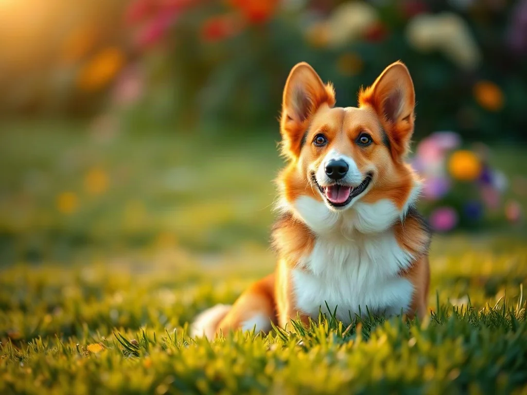 Szczęśliwy pies rasy Welsh Corgi siedzący na zielonej łące w promieniach słońca.